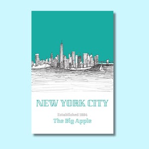 New York Skyline Art, Poster Print, Cityscape Wall Decor, Liberty Island Sketch, Architectural Drawing, Urban Landscape Picture