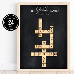 Impresión personalizada de Scrabble familiar, nombre de familia, árbol genealógico personalizado, póster con letras de madera, impresión de crucigramas, regalo de Navidad, DIGITAL