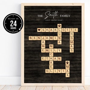 Personalised Scrabble Family Print, Family Names Sign, Gift Ideas, Crossword Scrabble Print, Christmas Gift, Crossword Poster, DIGITAL