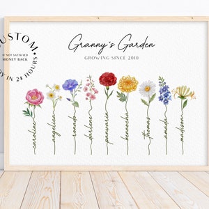 Cuadro familiar personalizado, impresión artística, día de la madre, ramo floral, acuarela, mes de nacimiento, flor, regalo de cumpleaños, retrato, abuela, jardín, personalizado