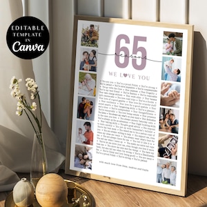 65 Reasons We Love You Photo Collage, Birthday Poster Pictures Template Gift for Mom, Anniversary Gift, Printable 65th Birthday, Canva, DIY