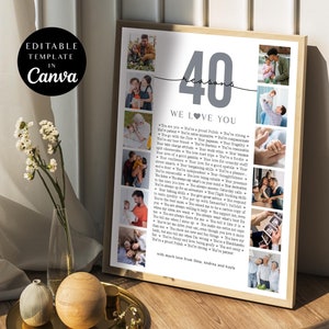 Collage photo 40 raisons pour lesquelles nous vous aimons, modèle d'affiche d'anniversaire avec photos, cadeau pour maman, cadeau d'anniversaire, imprimable pour 40e anniversaire, toile, bricolage