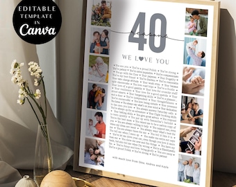 40 Reasons We Love You Photo Collage, Birthday Poster Pictures Template Gift for Mom, Anniversary Gift, Printable 40th Birthday, Canva, DIY