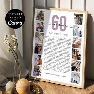 Collage de fotos con 60 razones por las que te amamos, plantilla de póster de cumpleaños con imágenes, regalo para mamá, regalo de aniversario, imprimible para el 60.° cumpleaños, Canva, bricolaje