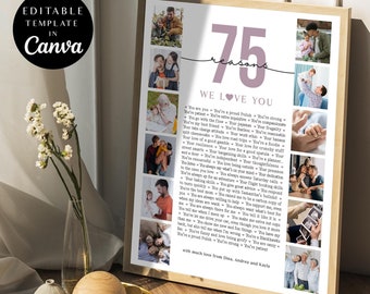 75 Reasons We Love You Photo Collage, Birthday Poster Pictures Template Gift for Mom, Anniversary Gift, Printable 75th Birthday, Canva, DIY