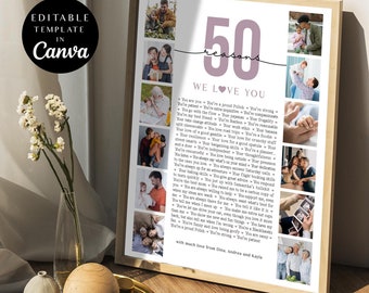 50 Gründe, warum wir dich lieben Fotocollage, Geburtstag Poster Bilder Vorlage Geschenk für Mama, Geburtstagsgeschenk, Printable 50.Geburtstag, Canva, DIY