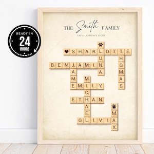 Personalised Family Scrabble Print, Anniversary Gift, Gift Ideas, Crossword Scrabble Print, Christmas Gift, Crossword Poster, DIGITAL