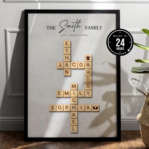 Impresión personalizada de Scrabble familiar, nombre de familia, árbol genealógico personalizado, póster con letras de madera, impresión de crucigramas, regalo de Navidad, DIGITAL