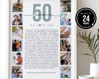 50 razões pelas quais te amamos, modelo de pôster, presente de aniversário de 50 anos para a mãe, presente de aniversário, 50 coisas pelas quais te amo, presente personalizado para ele