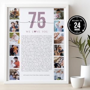 75 powodów, dla których Cię kochamy, szablon plakatu, prezent na 75. urodziny dla mamy, prezent na rocznicę, 75 powodów, dla których Cię kocham, spersonalizowany prezent dla niego