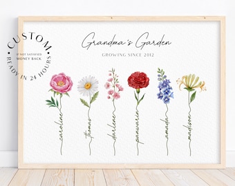 Grandma's Garden Print Personalised Our Family Print Custom Family Art Personalised Gift For Grandma Nana Custom Birth Flower For Grandma