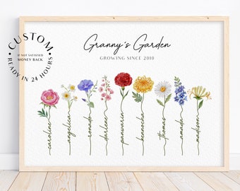 Custom Family picture art print mothers day floral bouquet watercolor birth month flower Birthday gift portrait granny garden personalized