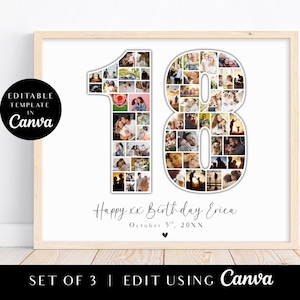 18th Birthday Photo Collage Template, Personalized Gift for Friend, for Him, for Her, Family Gift, Number Collage,Birthday Gift, Canva, DIY