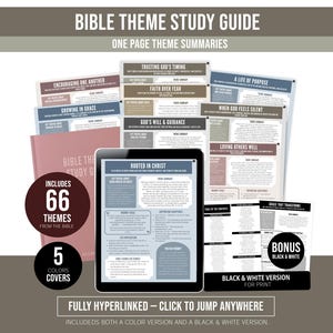 Peut inclure: Un guide d'étude thématique de la Bible avec des résumés thématiques d'une page. L'image montre une tablette affichant un résumé thématique, un livre et plusieurs résumés imprimés. Comprend 66 thèmes de la Bible avec 5 couvertures en couleur, plus une version noir et blanc.