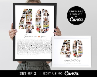 40th Birthday Photo Collage, 40 Reasons We Love You, Editable Canva Template, Birthday Gift For Husband DIY Photo Collage Gift for Birthday
