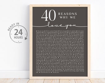 May include: A black and white printable poster with the text "40 Reasons Why We Love You" and a list of reasons written in white text. The poster is framed in a light wood frame.