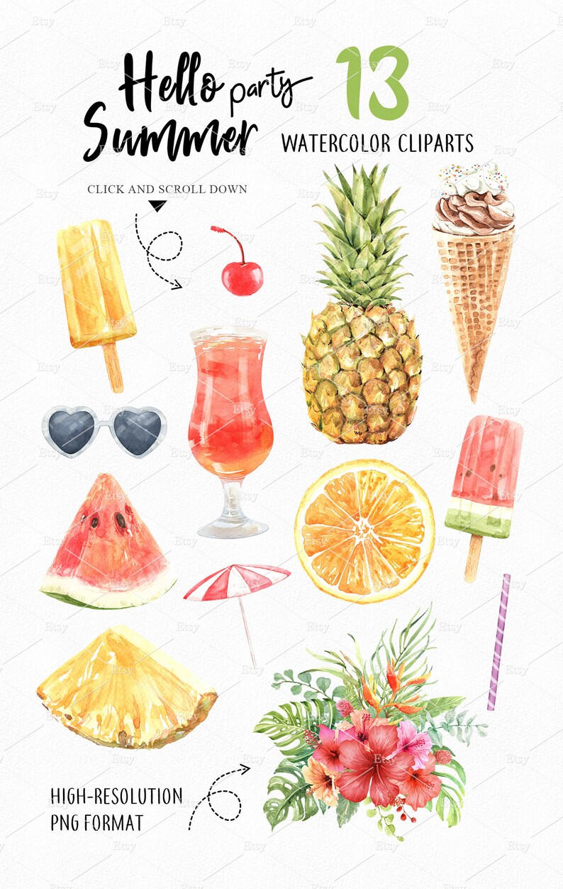 Download Umbrella Watermelon Orange Tropical Bouquet Digital Download Clipart Png Hello Summer Party Ice Cream Watercolor Pineapple