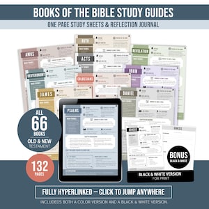 Peut inclure: Ensemble de guides d'étude biblique, comprenant des feuilles d'étude et un journal de réflexion. Les guides couvrent les 66 livres de l'Ancien et du Nouveau Testament, avec 132 pages. Version noir et blanc incluse pour l'impression.
