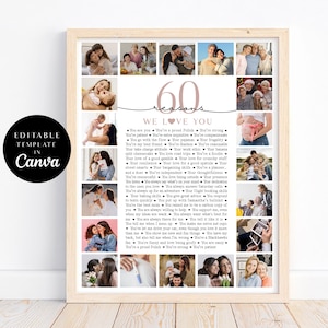 Collage photo 60 raisons pour lesquelles nous t'aimons, modèle d'affiche d'anniversaire avec photos, cadeau pour maman, cadeau d'anniversaire, cadeau à imprimer pour son 60e anniversaire