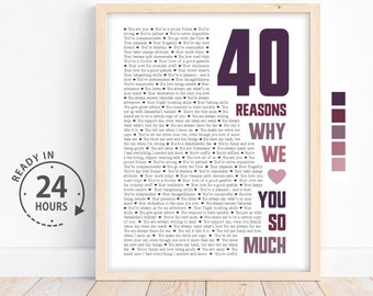 May include: A printable poster with a pink and purple color scheme. The poster features the number 40, the words "Reasons Why We Love You So Much", and a list of 40 reasons why someone is loved.