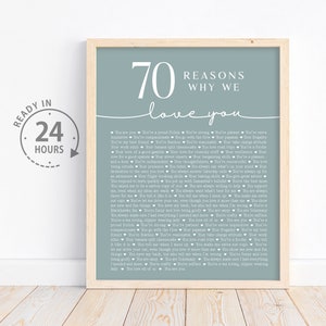 70 cosas que amamos de ti imprimibles, hombres de regalo de cumpleaños número 70, signo de fiesta de cumpleaños número 70 de compañero de trabajo personalizado, regalo personalizado de mejor amigo