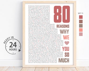 REASONS We Love You, Reasons I love you, 80 Reasons,Personalized Birthday Gift, Gift for Dad, Gift for Mom, 80th birthday gift for women