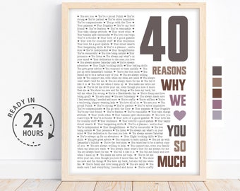 May include: A printable poster with a brown background and a heart design. The poster features the text "40 Reasons Why We Love You So Much".