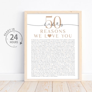 Personalized 50 Reasons We Love You, 50th Birthday Gift for Mom, Anniversary Gift, Gifts for Grandma, 50 Things I love You, Fifty Birthday