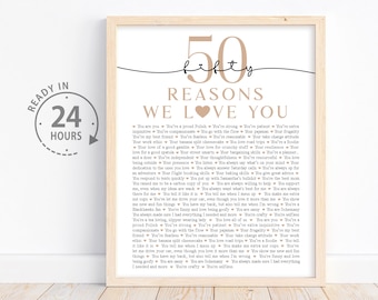 Personalized 50 Reasons We Love You, 50th Birthday Gift for Mom, Anniversary Gift, Gifts for Grandma, 50 Things I love You, Fifty Birthday