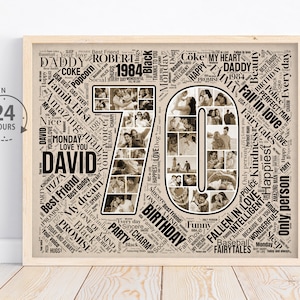 Collage de fotos personalizado 70 cumpleaños regalo de arte de palabras para papá, regalo para el esposo, impresión de nube de palabras de número de edad personalizado, 70 cosas que te amo,
