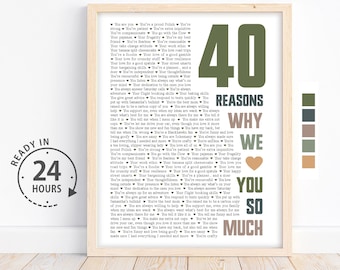 May include: A printable poster with a green and brown color scheme. The poster features the number 40, the words "Reasons Why We Love You So Much", and a list of 40 reasons why someone is loved.