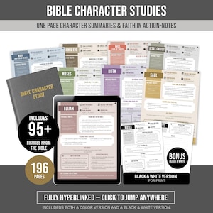 Könnte beinhalten: Eine Sammlung von Bibelcharakterstudien mit Zusammenfassungen und Notizen zum Glauben in Aktion. Das Bild zeigt ein Buch, ein Tablet und Charakterzusammenfassungsblätter. Enthält 95+ Figuren aus der Bibel und eine Schwarz-Weiß-Version.