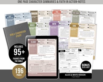 May include: A collection of Bible Character Studies, including 95+ figures from the Bible, with one-page summaries and faith in action notes. The image shows a book, a tablet, and several character summary sheets. Includes a black and white version.