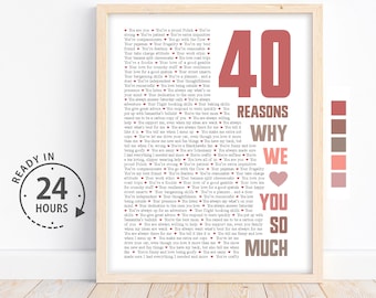 May include: Framed print with the text "40 REASONS WHY WE LOVE YOU SO MUCH" in a mix of fonts and colors. The print includes a list of reasons and is ready in 24 hours.