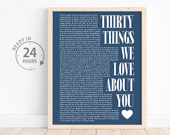 30 Reasons Why We Love You Poster, Personalized 30th Birthday Gift for mom, Thirty Reasons, 30 Things We Love About You, Custom Wall art