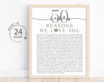 Custom 50 Reasons We Love You, 50th Birthday Gift for Mom, Anniversary Gift, Gifts for Grandma, 50 Things I love You, Personalized quote