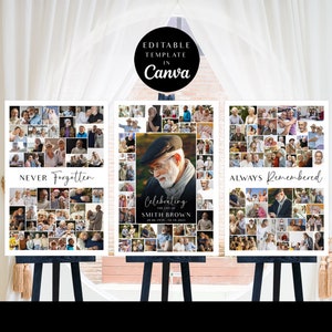 May include: Three white photo collage posters with black text and images. The left poster says "NEVER Forgotten". The middle poster says "Celebrating the life of SMITH BROWN 29.06.1939 - 18.12.2023". The right poster says "ALWAYS Remembered".