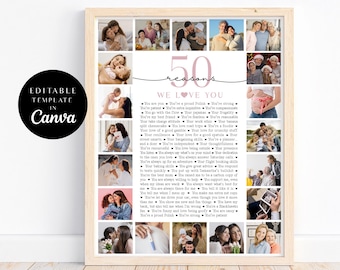 50 Gründe, warum wir dich lieben Fotocollage, Geburtstagsposter Bilder Vorlage Geschenk für Mutter, Jahrestagsgeschenk, druckbares 50
