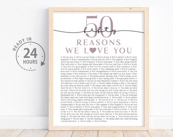 Personalized 50 Reasons We Love You, 50th Birthday Gift for Mom, Anniversary Gift, Gifts for Grandma, 50 Things I love You, Fifty Birthday