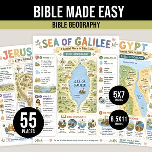 Peut inclure: Trois affiches éducatives intitulées Bible Made Easy et Bible Geography, présentant des cartes de Jérusalem, de la mer de Galilée et de l'Égypte. Elles incluent des illustrations, des faits historiques et des points forts bibliques. Formats 12,7x17,8 cm et 21,6x27,9 cm.