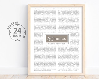 60 REASONS We Love You, 60th birthday gifts for husband, Personalized Birthday Gift, Gift for Sister, Gift for Mom, Gift for Wife, 60th gift