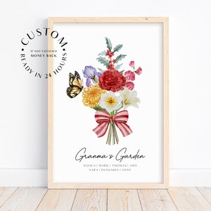 Personalized Grandma&#39;s Garden Wall Art, Gift for Grandma, Family Birth Flower Bouquet, Mother&#39;s Day Gift, With Grandkids Names, Watercolor