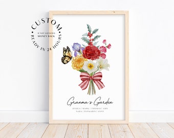 Personalized Grandma's Garden Wall Art, Gift for Grandma, Family Birth Flower Bouquet, Mother's Day Gift, With Grandkids Names, Watercolor
