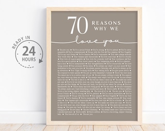 May include: A framed print with a beige background and white text. The print features the number 70 in large white font, followed by the words "Reasons Why We Love You". The text continues with a list of 70 reasons why someone is loved.
