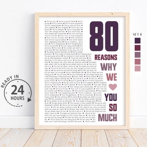 May include: A printable 80 reasons why we love you poster with a pink heart and the text "Set 8" in the upper right corner. The poster is a light brown color with dark purple text.
