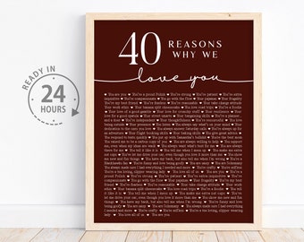 May include: A maroon printable poster with white text that reads "40 Reasons Why We Love You". The text is in a decorative font and includes a list of reasons why someone is loved.