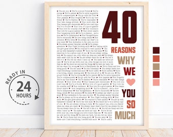 May include: A printable poster with a red heart and the text "40 Reasons Why We Love You So Much". The poster is decorated with a burgundy and white color scheme and features a large number "40" in the top left corner.