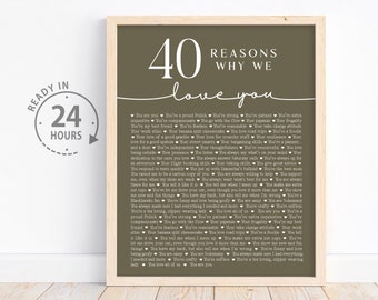 May include: A brown framed print with a white background and the text "40 Reasons Why We Love You" in white text. The text is surrounded by a white heart shape. The print is ready in 24 hours.