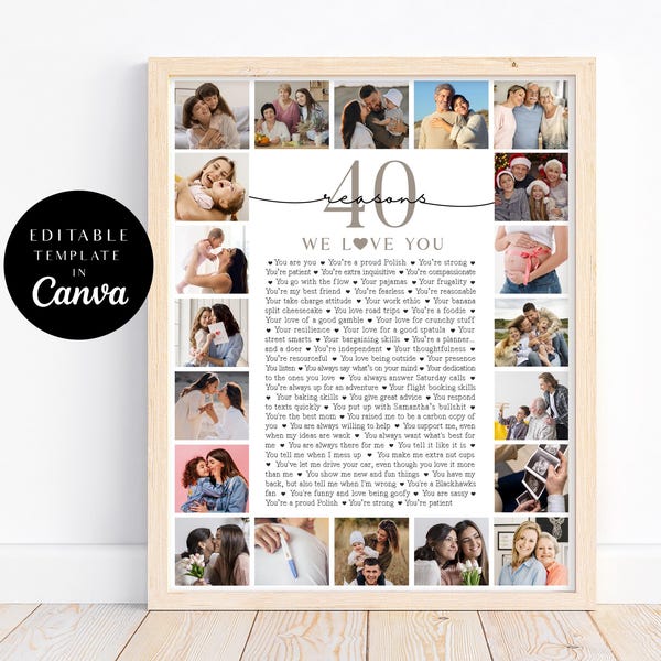40 Reasons We Love You Photo Collage, Birthday Poster Pictures Template Gift for Mom, Anniversary Gift, Printable 40th Birthday Gift for him