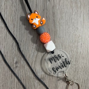 Personalized Fox Lanyard: Beaded Teacher ID Badge Holder